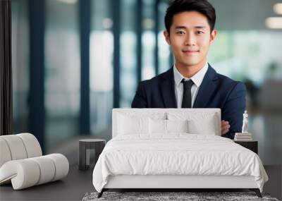 Young Asian businessman standing in an office smiling confidently Wall mural