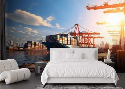 Container Cargo freight ship with working crane bridge at sunset for Logistic Import Export background. Wall mural