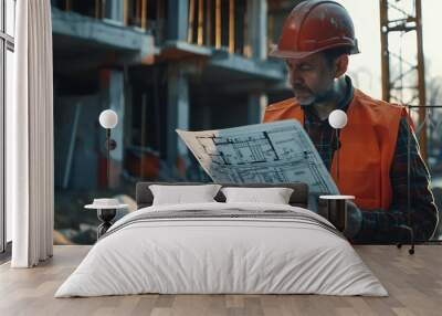 Engineer Inspecting Industrial Equipment with Clipboard and Hard Hat in Manufacturing Facility Wall mural