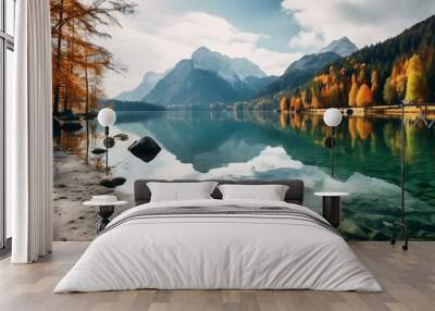 Autumn lake with reflection of mountains in the water. Bavaria, Germany Wall mural