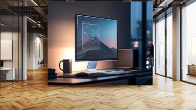 A computer setup featuring a monitor, keyboard, and mouse in a modern office environment Wall mural