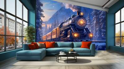 Digital painting of a steam locomotive in the winter forest at sunset Wall mural