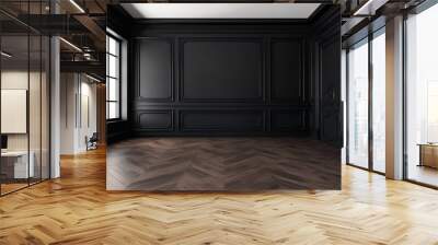 Empty interior with modern classic black wall panels and wooden flooring, Generative AI Wall mural