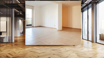 The interior of a new apartment features an empty living room with a sleek tiled floor, Generative AI Wall mural