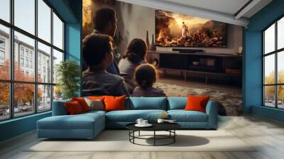 Family watching TV at home in the evening. couples with children sitting on the sofa and looking at the TV Wall mural