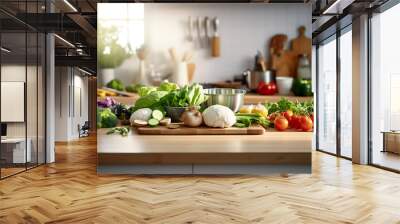 Fresh vegetables on wooden table in modern kitchen interior. Healthy food concept Wall mural