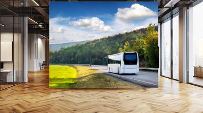 Bus on highway road Lush green background  Wall mural