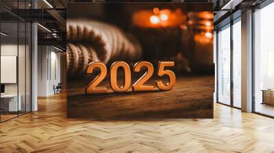 2025 new year cozy decor with candles and knitted blanket Wall mural