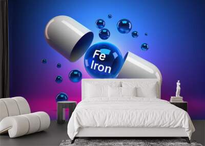 Capsule containing iron supplement with blue bubbles and vitamin capsule on vibrant background Wall mural