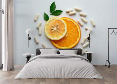 Citrus fruits and vitamin supplements with orange and lemon slices surrounded by capsules and green leaves Wall mural