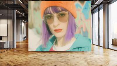 Fashion Portrait of a Person with Purple Hair Wearing Sunglasses and an Orange Beanie. Vibrant Street Style Against a Colorful Graffiti Background Wall mural