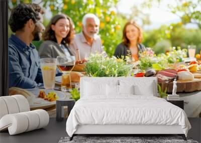 Food dinner gathering with friends in a beautiful outdoor setting featuring fresh salads and diverse dishes Wall mural