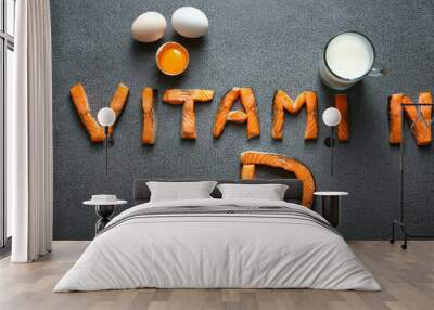 Food items arranged as vitamin D healthy food with eggs and salmon creative layout for nutrition concepts Wall mural