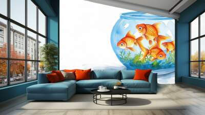 Goldfish in a Beautiful Bowl with Lush Greenery. Colorful Aquarium Scene Featuring Playful Fish Swimming Gracefully. Bright and Vibrant Underwater Environment Wall mural