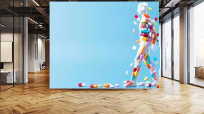 Mannequin covered in colorful pills walking against a blue background representing health and wellness themes Wall mural