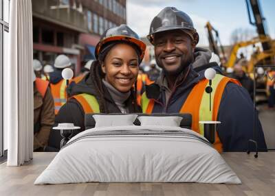 The engineers, a woman and a man, both African-American, are smiling together on the street. Two construction workers are happy. Wall mural