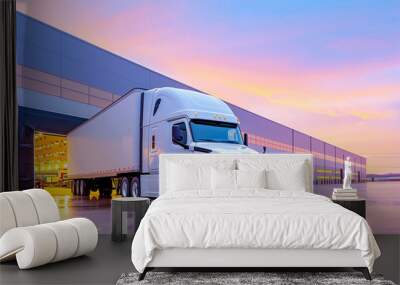 Truck in Freight Transport at Distribution Center | Professional Trucking Services in Action Under Colorful Sunset Sky Wall mural