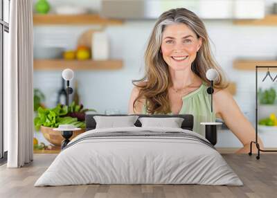 Woman in kitchen preparing healthy vegetables for a lifestyle meal with fresh ingredients and vibrant colors Wall mural