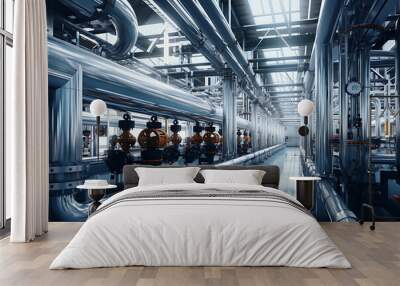 Industrial zone, Steel pipelines and valves in blue tones. Toned. Wall mural