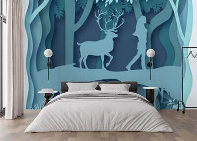 Forest environment, paper cut abstract. A deer follows a woman, 3d paper art vector origami design  Wall mural