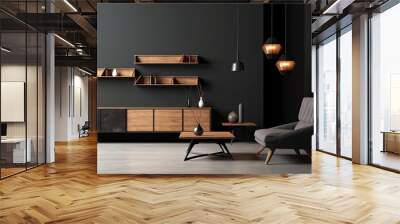 Interior of modern living room black walls, concrete floor, comfortable brown armchair and bookcase. Wall mural