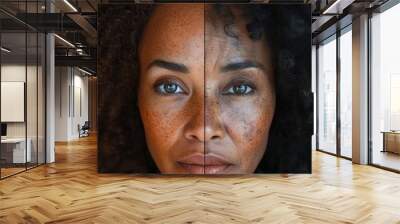 Comparison Young and Elder Face of Beautiful African-American Woman. Concept of Life, Health and Beauty. Before and After Changes. Wall mural