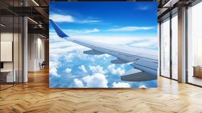 Airplane wing on blue sky background. 3d render illustration. Wall mural