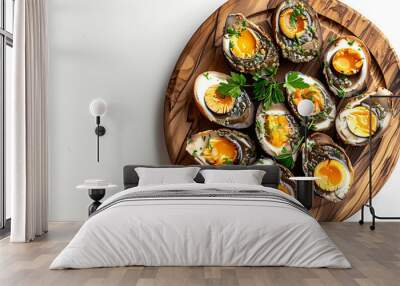 Board and plate of tasty Century eggs with on white background. Wall mural