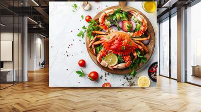 Board and plate of tasty Crab with on white background. Wall mural