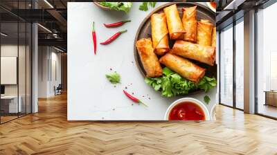 Board and plate of tasty Spring rolls with on white background. Wall mural