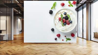 Board and plate of tasty Yoghurt with on white background. Wall mural