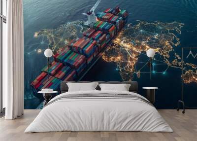 Cargo ship in the ocean. 3d render illustration. Top view. Wall mural