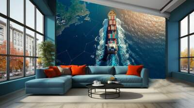 Cargo ship in the ocean. 3d render illustration. Top view. Wall mural