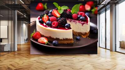 Cheesecake with fresh berries and mint on a dark wooden background Wall mural