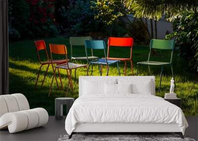 Colorful chairs in the garden on a sunny summer day. Garden furniture. Wall mural