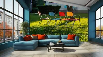 Colorful chairs in the garden on a sunny summer day. Garden furniture. Wall mural