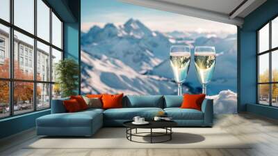 Glasses of champagne on snowy mountains background. Christmas and New Year holidays concept Wall mural