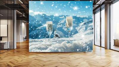 Glasses of champagne on the background of snow-capped mountains Wall mural