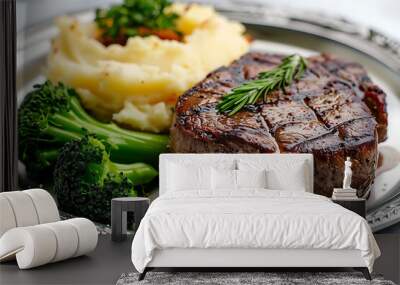 Grilled beef steak with mashed potatoes and broccoli on a metal plate Wall mural