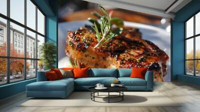 Grilled pork chop with vegetables on a wooden board in the restaurant Wall mural