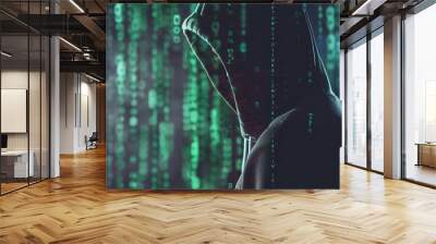 Hooded hacker in front of a binary code background. Hacking concept. Wall mural