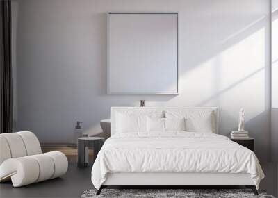 Interior of modern bathroom with white bathtub, round mirror and white towel on wooden shelf Wall mural