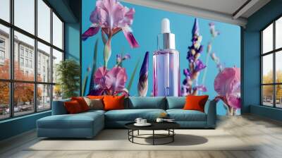 Luxurious moisturizing essence bottle with gold cap serenely floating among light Wall mural