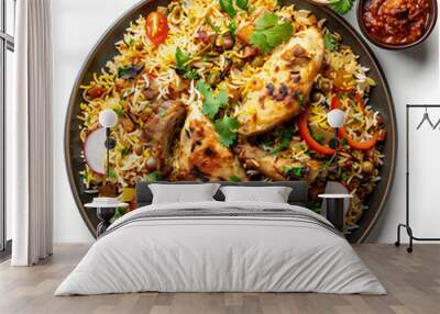 Plate of tasty Biryani with on white background. Wall mural