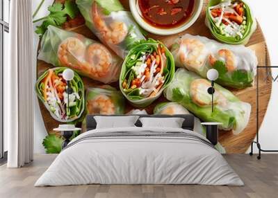 Plate of tasty Spring rolls with on white background. Wall mural