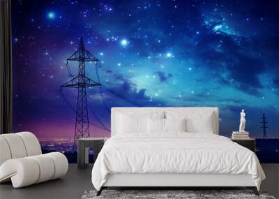 power line at sunset with stars in the sky. nature background. Wall mural