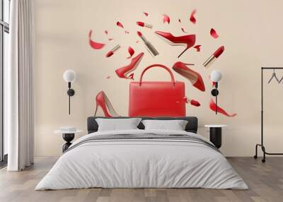 Red woman bag with cosmetics flying in the air. Wall mural