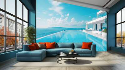 Swimming pool on terrace of luxury house, Santorini island, Greece Wall mural