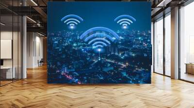 Wi fi network signal over cityscape at night, internet connection concept Wall mural