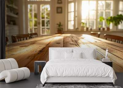 Wooden table in front of a window in the morning light. Wall mural